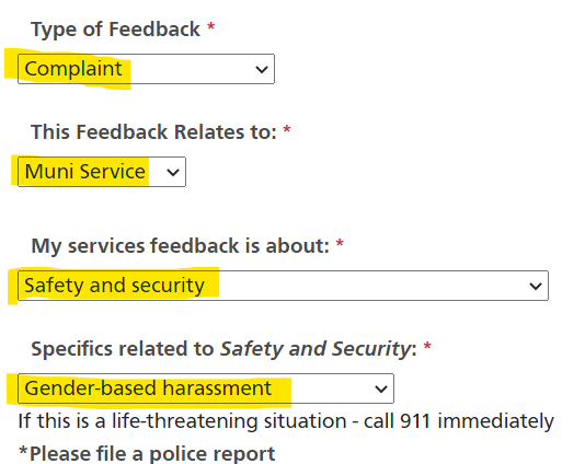 Screenshot of the Muni Feedback Form where "Complaint," "Muni Service," "Safety and Security,"  and "Gender based harassment" are selected.  Further accessible version available in link below.