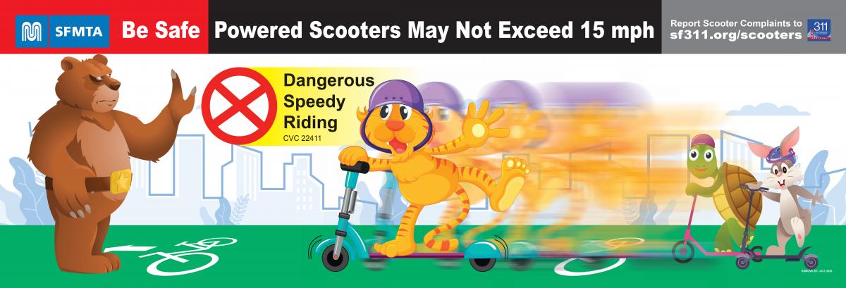 Image with headline Be Safe - Powered Scooter may not exceed 15 mph
