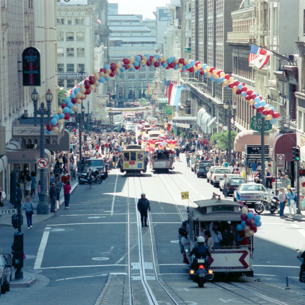 Cable Car Parade for 100th Anniversary of Powell Street Cable Cars Looking Down Powell Street Towards Sutter Street | March 28, 1988