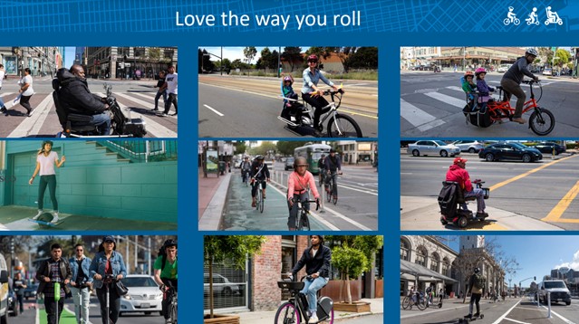 A photo collage of people riding bicycles, scooters, powerchairs, and other devices.