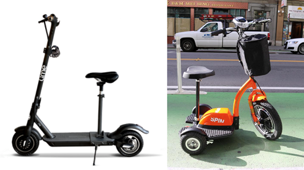 Two adaptive mobility scooters. One on the left is a black scooter from the Lime company. The one on the right is an orange three-wheel scooter from the Spin Company.