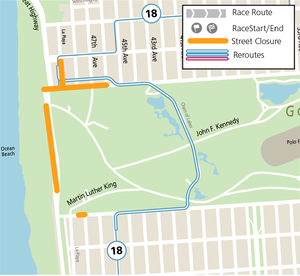 Event service reroute map for the 18 46th Avenue during Bay to Breakers set-up on Saturday, May 18, 2024