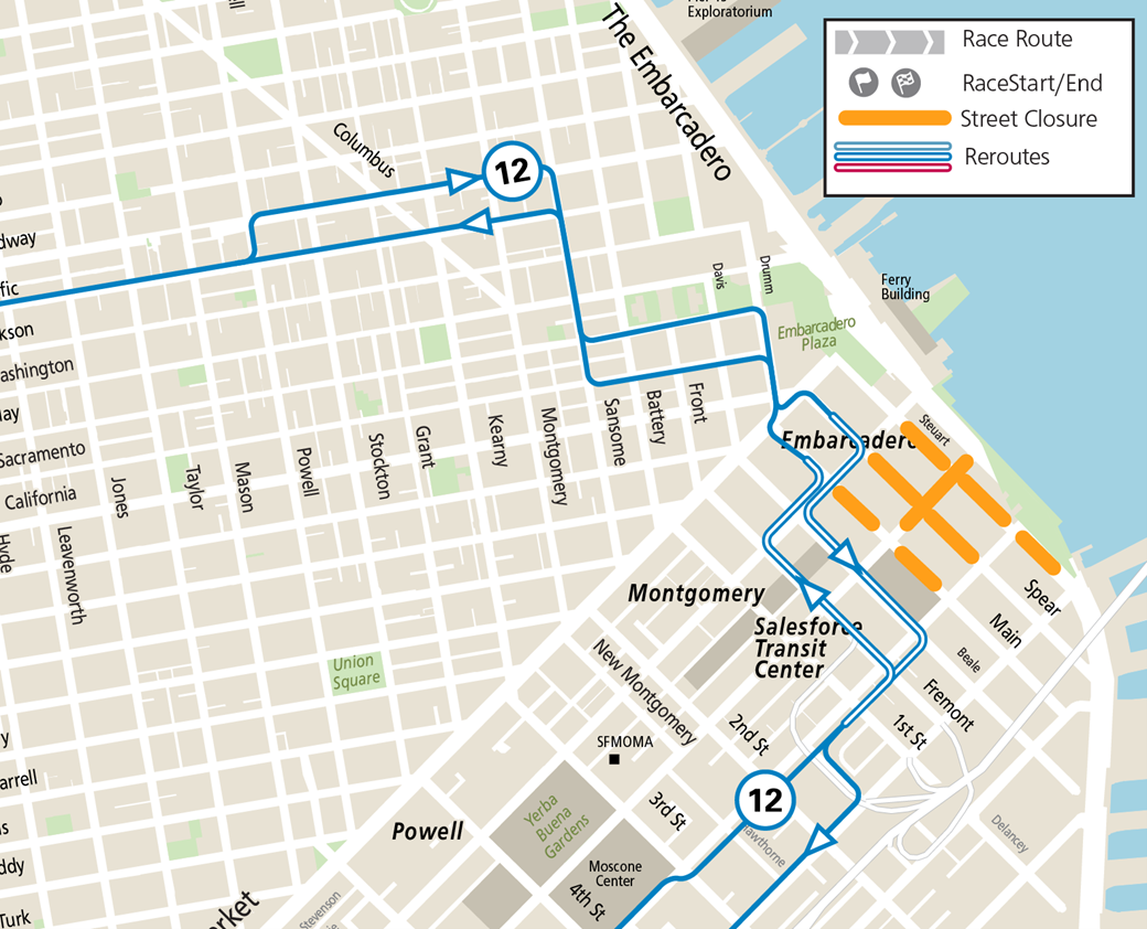 Event service reroute map for the 12 Folsom/Pacific during Bay to Breakers set-up on Saturday, May 18, 2024