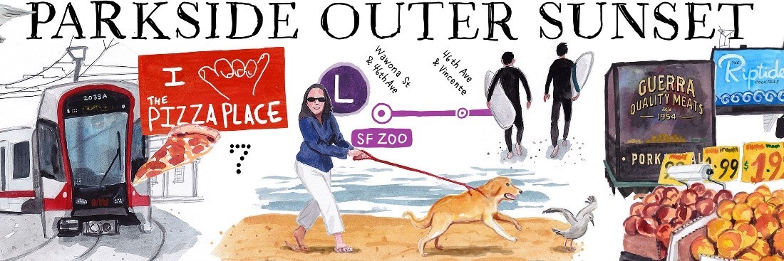 An illustration that says Parkside Outer Sunset featuring a light rail train and a pizza shop sign.