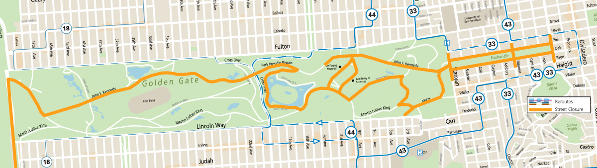 Map of the 2024 Kaiser Permanente Half Marathon showing Muni reroutes