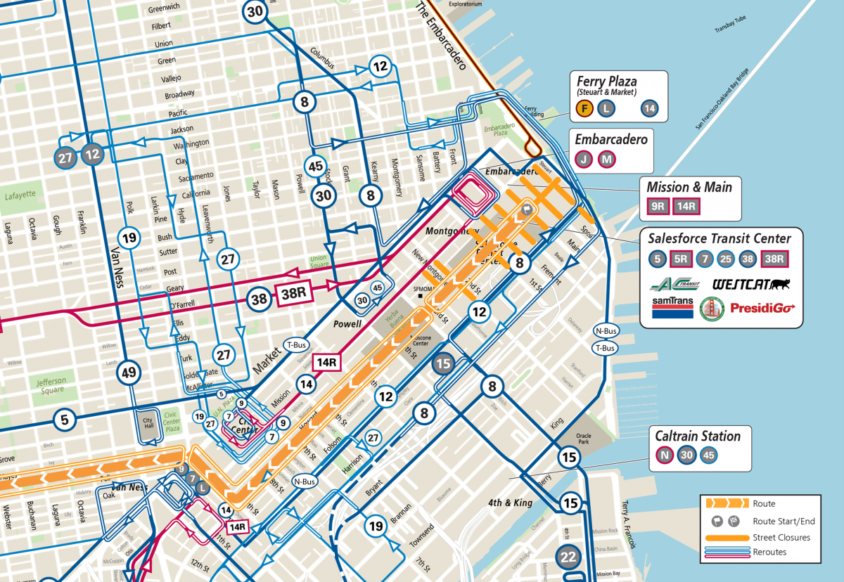 Bay to Breakers 2023 Downtown Muni reroute map.