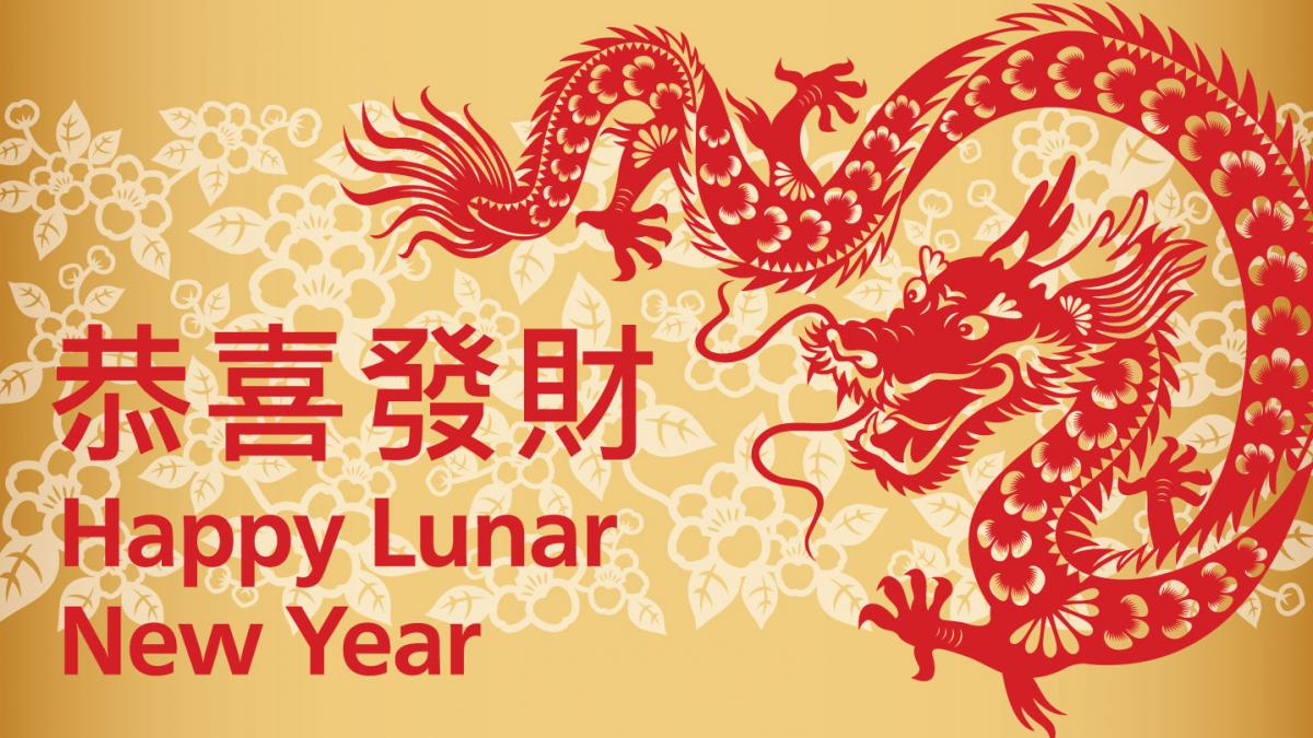 Yellow floral background with large red dragon and the text, "恭喜發財 Happy Lunar New Year"
