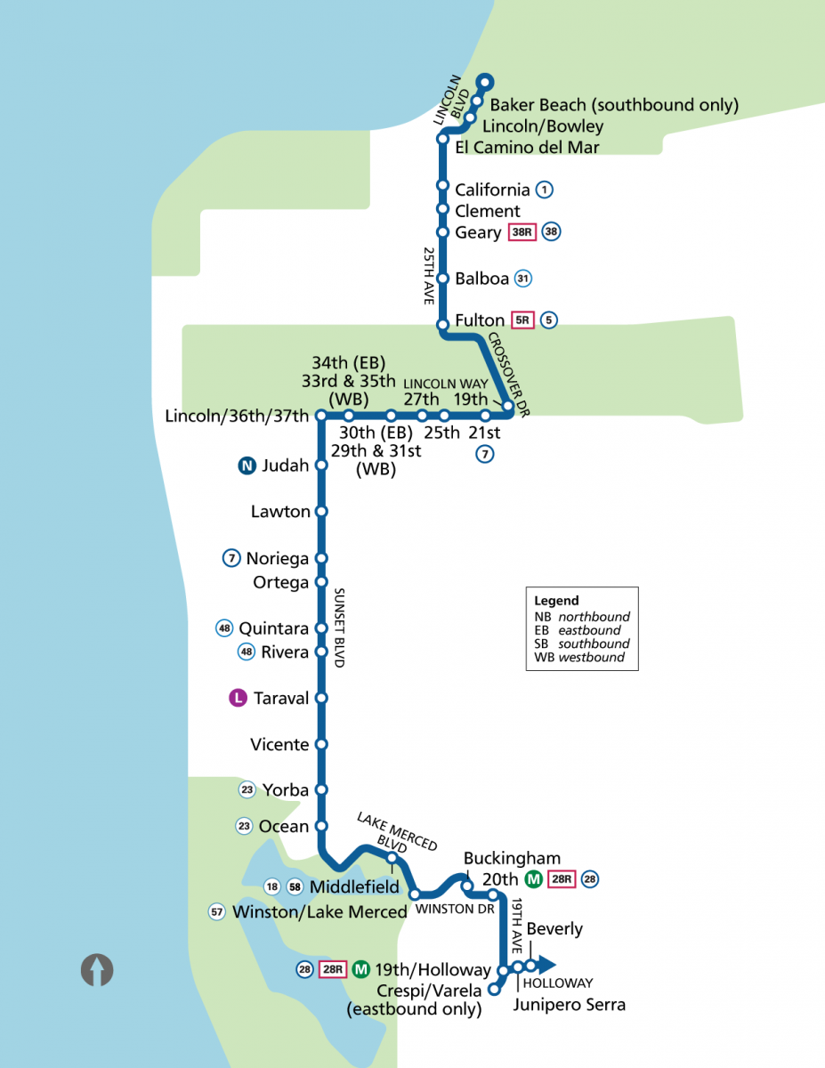 Map shows that beginning August 19, the 29 Sunset will only use the following stops between Baker Beach and Holloway Avenue: Bowley St & Lincoln Blvd, Bowley St & Gibson Rd, Lincoln Blvd & Bowley St, 25th Ave & El Camino Del Mar,25th Ave & Lake St, 25th Ave & California St, 25th Ave & Clement St,25th Ave & Geary Blvd, 25th Ave & Balboa St,25th Ave & Fulton St, Lincoln Way & 19th Ave Lincoln Way & 21st Ave Lincoln Way & 25th Ave Lincoln Way & 27th Ave, Lincoln Way & 29th Ave, Lincoln Way & 31st Ave, Lincoln Way & 33rd Ave, Lincoln Way & 35th Ave, 37th Ave & Lincoln Way, Sunset Blvd & Judah St, Sunset Blvd & Lawton St, Sunset Blvd & Noriega St, Sunset Blvd & Ortega St, Sunset Blvd & Quintara St, Sunset Blvd & Rivera St, Sunset Blvd & Taraval St, Sunset Blvd & Vicente St, Sunset Blvd & Yorba St, Sunset Blvd & Ocean Ave, Sunset Blvd & Lake Merced Blvd, Lake Merced Blvd & Middlefield Dr,, Winston Dr & Lake Merced Blvd, Winston Dr & Buckingham Way, Winston Dr & 20th Ave, 19th Ave & Holloway Ave. 
