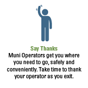 Say Thanks. Muni Operators get you where you need to go, safely and conveniently. Take time to thank your operator as you exit.