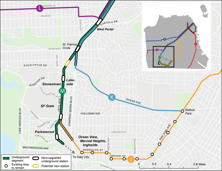A map showing the proposed "Full Subway" design option, with an underground subway extension of the M Line from West Portal Station to ParkMerced.