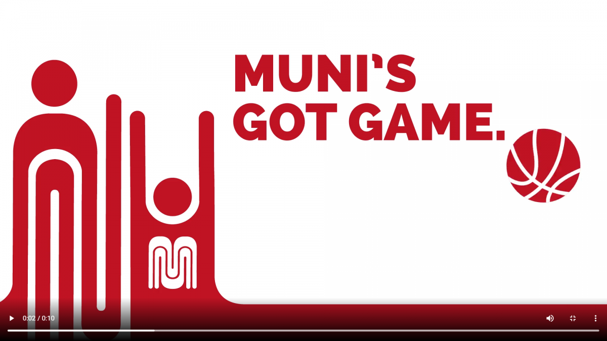 Graphic inspired by the Muni worm logo evokes a Muni team member playing basketball; Muni's got game. Ride free to all Warriors games. Your ticket's your fare. It's a slam dunk.