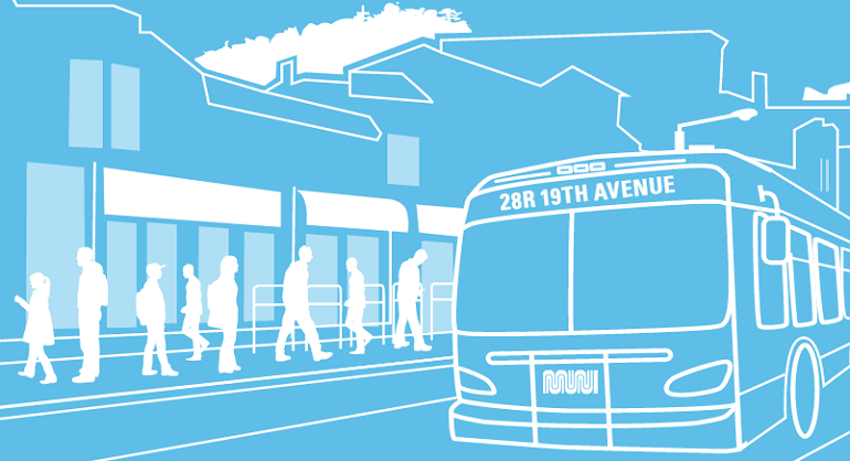 A blue and white graphic depicting a San Francisco street scene with a Muni bus labelled "28R 19th Avenue" on the head sign.