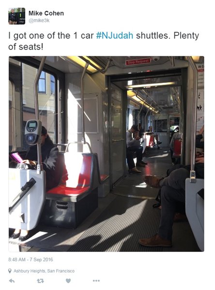  "I got one of the 1 car #NJudah shuttles. Plenty of seats!" with photo of a sparsely populated light rail vehicle.