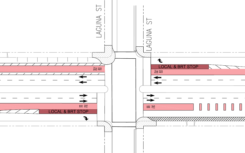 Diagram of the intersection of Geary and Laguna showing the new boarding areas on Geary.