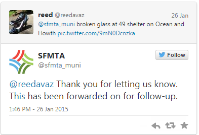 Screen shot of SFMTA Twitter exchange about broken glass at a 49 Route shelter.