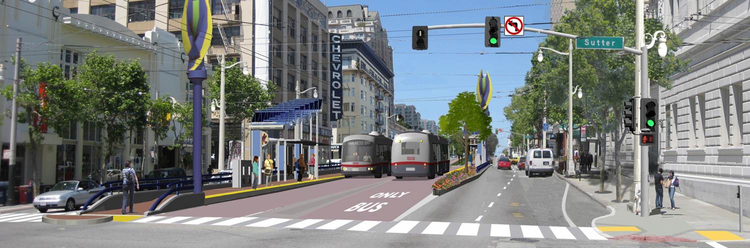 Rendering of Van Ness Avenue with example bus rapid transit route in place.