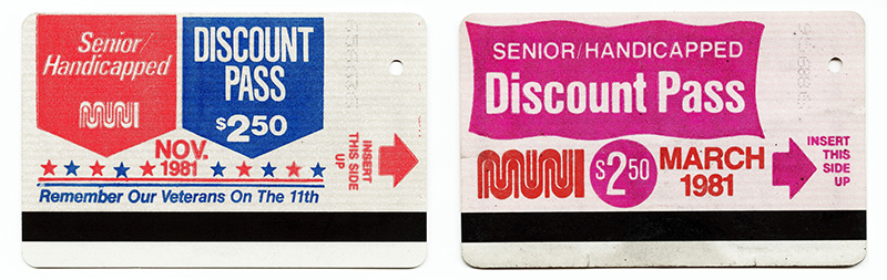 Two brightly colored vintage Muni discount fast passes from 1981.