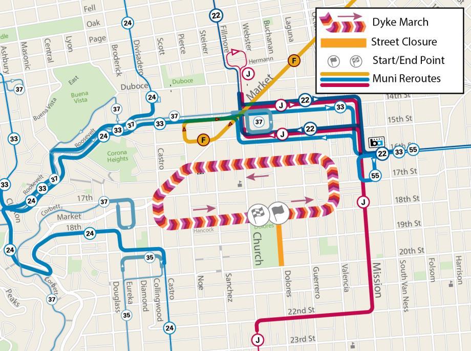 Map of Muni service changes during 2024 Dyke March