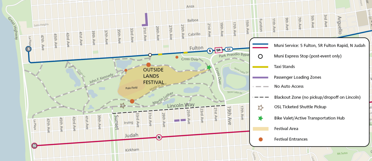 Map of Outside Lands area transportation options