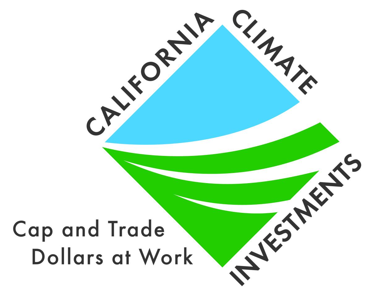 Graphic of the logo for California Climate Investments. Includes blue, white and green curved lines along with the text: "California Climate Investments: Cap and Trade Dollars at Work."