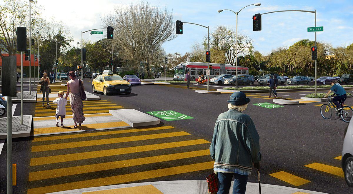 A rendering of the new intersection design on Geary. A rendering of the new intersection design on Geary.