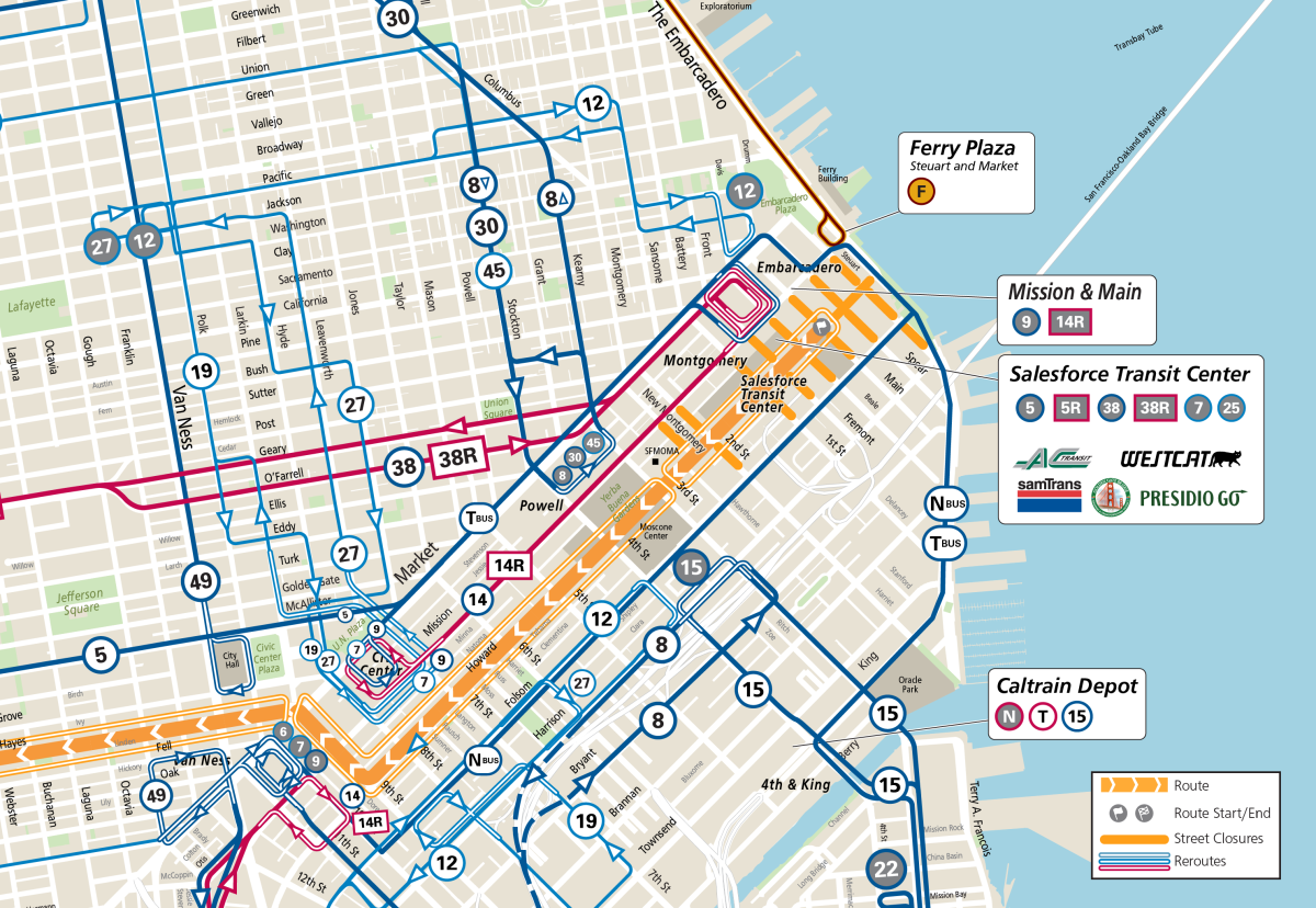 Map of all downtown Muni reroutes during Bay to Breakers 2025