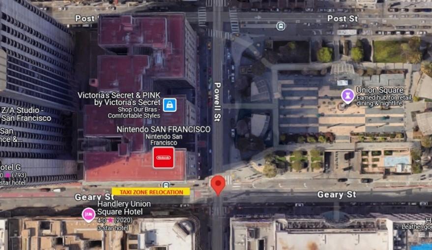 Overhead view of the taxi stand South Side of Geary at Powell for the Nintendo Grand Opening