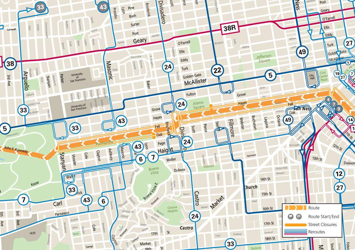 Map of all Muni reroutes in the Panhandle area during Bay to Breakers 2025