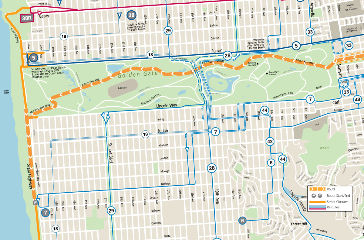 Map of all Muni reroutes in the Sunset, Richmond and Golden Gate Park areas for Bay to Breakers 2025