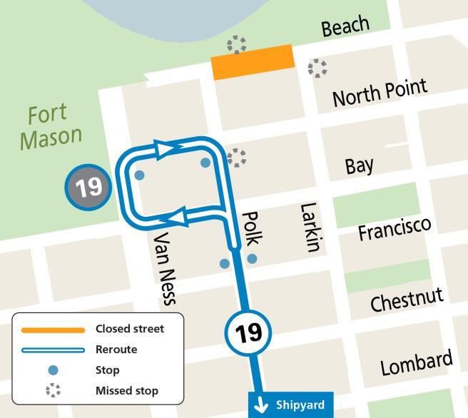 Map of 19 Polk reroute near Ghirardellia Square during Ghirardelli LGBTAQIA+ Market on Saturday, June 21.