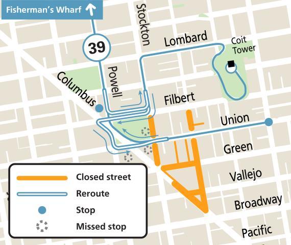 Map showing 39 Coit reroutes in both directions during the North Beach Festival