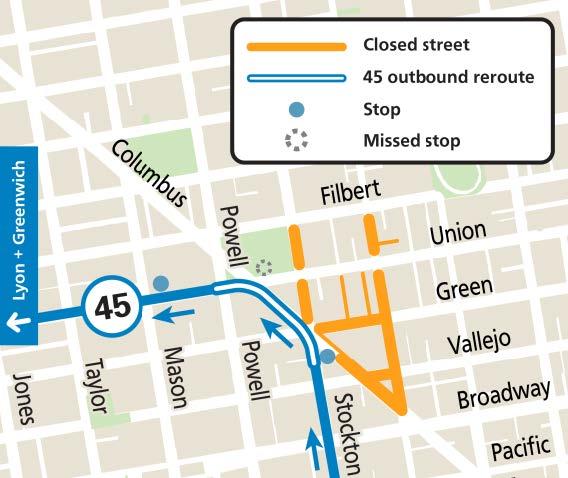 Map showing 45 Union/Stockton reroute during the North Beach Festival