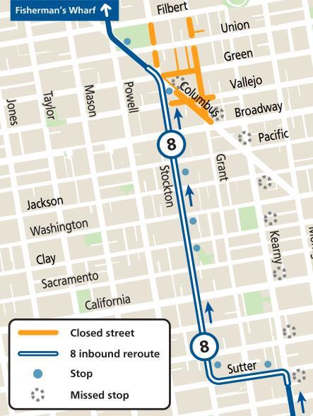Map showing 8 Bayshore reroute during the North Beach Festival