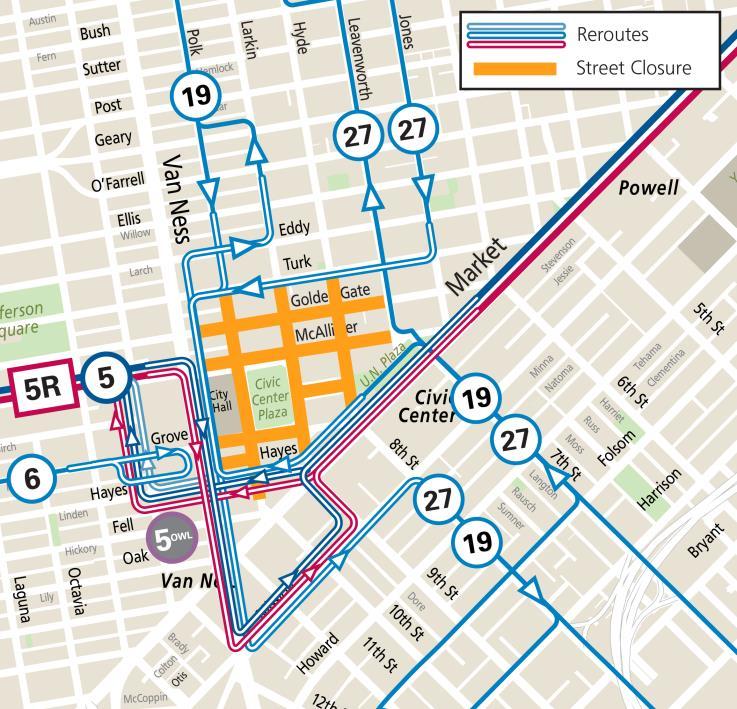Map showing Muni reroutes during the annual Pride Festival