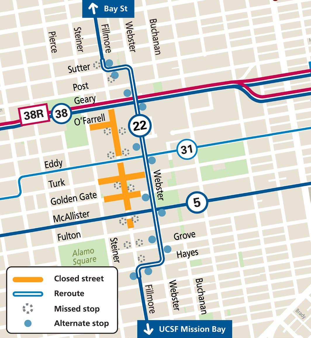 Map showing Muni reroutes in the Fillmore neighborhood during the Juneteenth Freedom Celebration