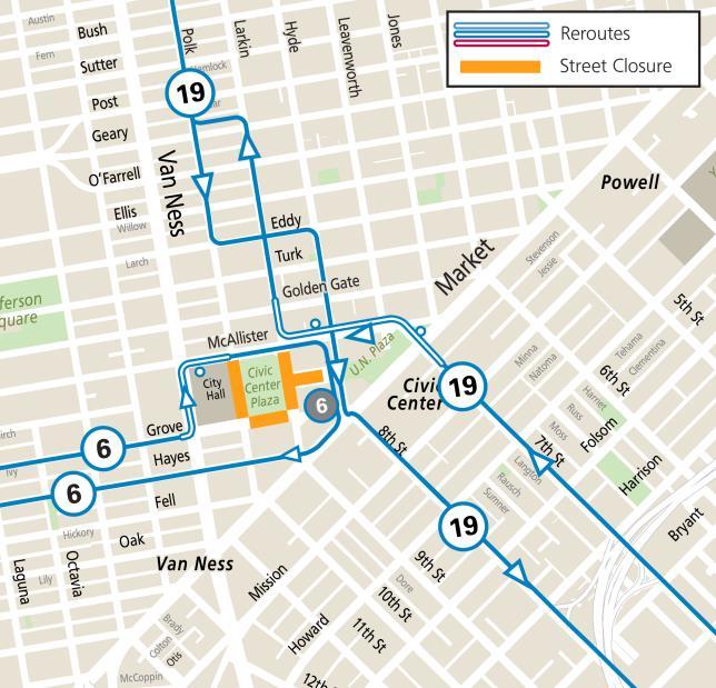 Map showing Pride set-up reroutes prior to 8 p.m, Friday, June 27