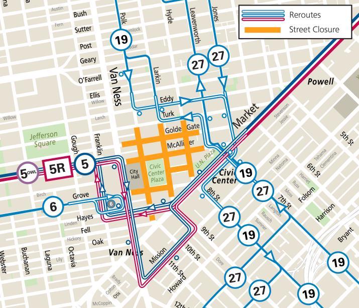 Map showing Muni reroutes after 8 p.m., Friday, June 27