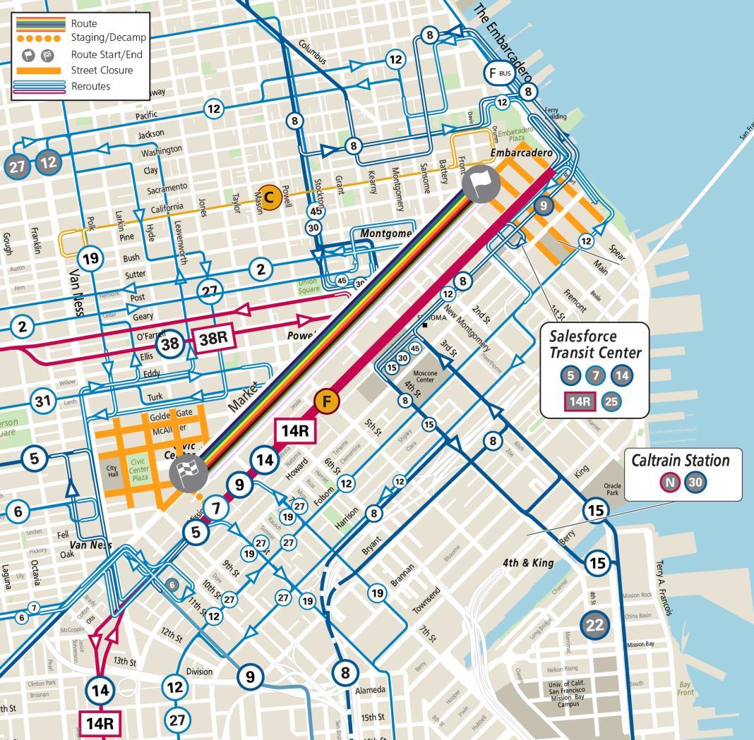 Map of Muni reroutes during Pride Parade