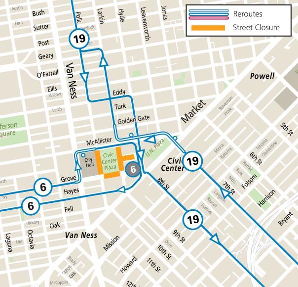 Map showing Muni reroutes for Pride Weekend set-up street closures
