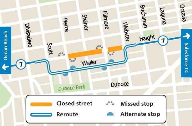 Map showing street closures and Muni service changes during Lower Haight Art Walk