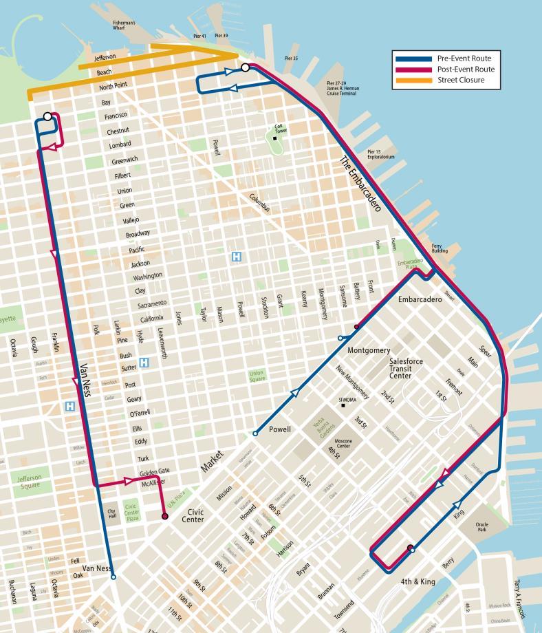 Map showing extra Muni service provided for the Fourth of July fireworks