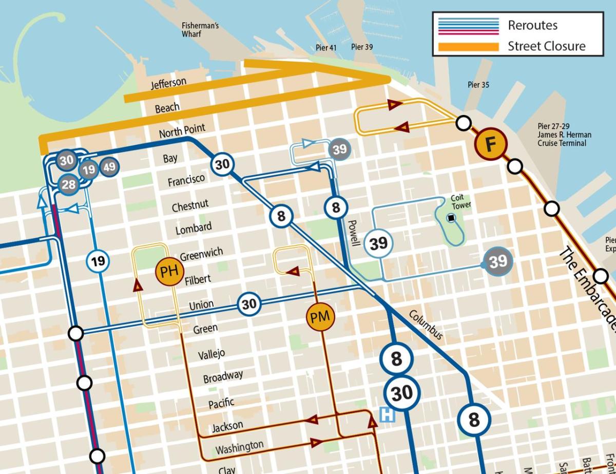 Map of Muni service changes during Fourth of July fireworks