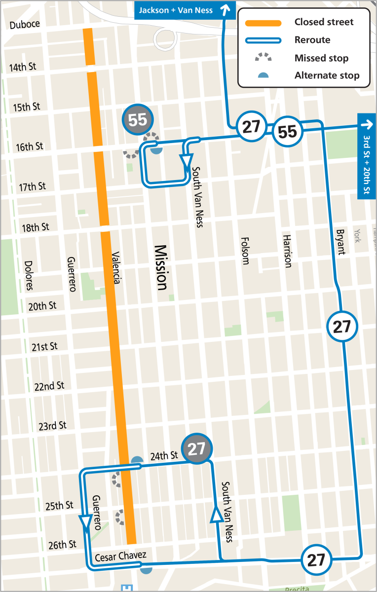 Map of Muni service changes during 2025 Mission Sunday Streets event along Valencia St.
