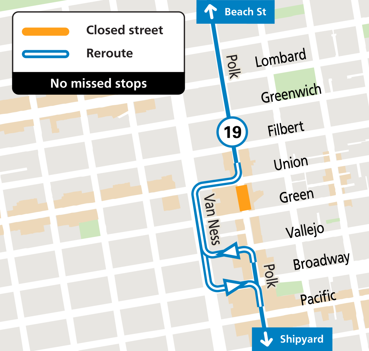 Map showing 19 Polk reroute during Bar Iris Block Party