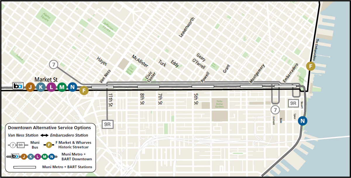 An infographic showing Muni Metro, bus and BART alternatives in Downtown San Francisco