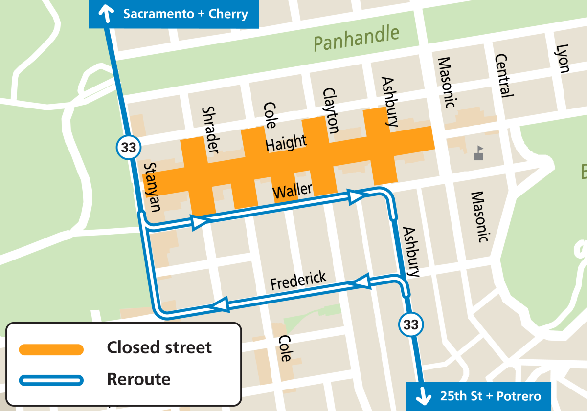 Map showing the 33 Ashbury/18th Street reroutes during Haight Ashbury Street Fair