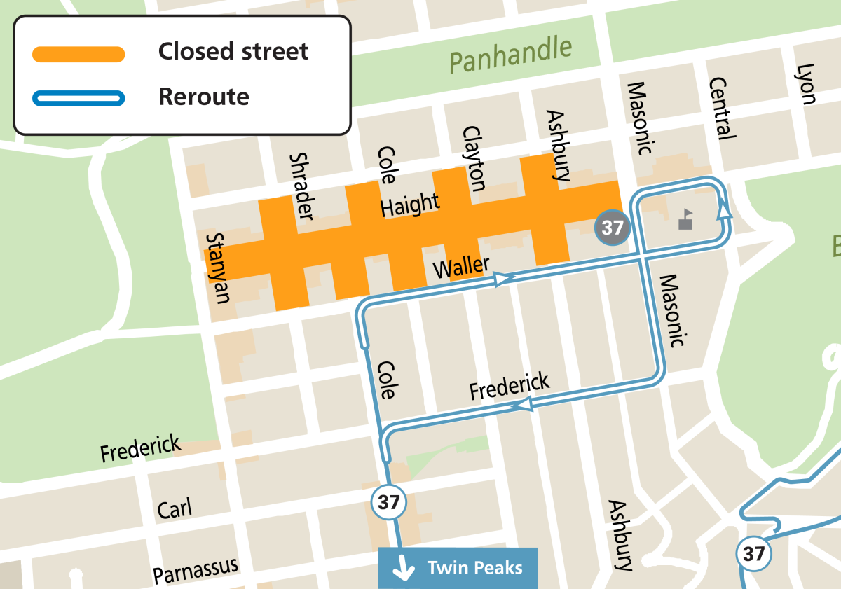 Map showing the 37 Corbett reroutes during Haight Ashbury Street Fair