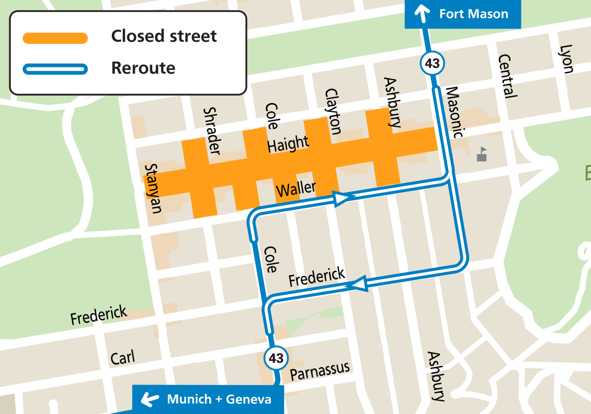 Map showing the 43 Masonic reroutes during Haight Ashbury Street Fair