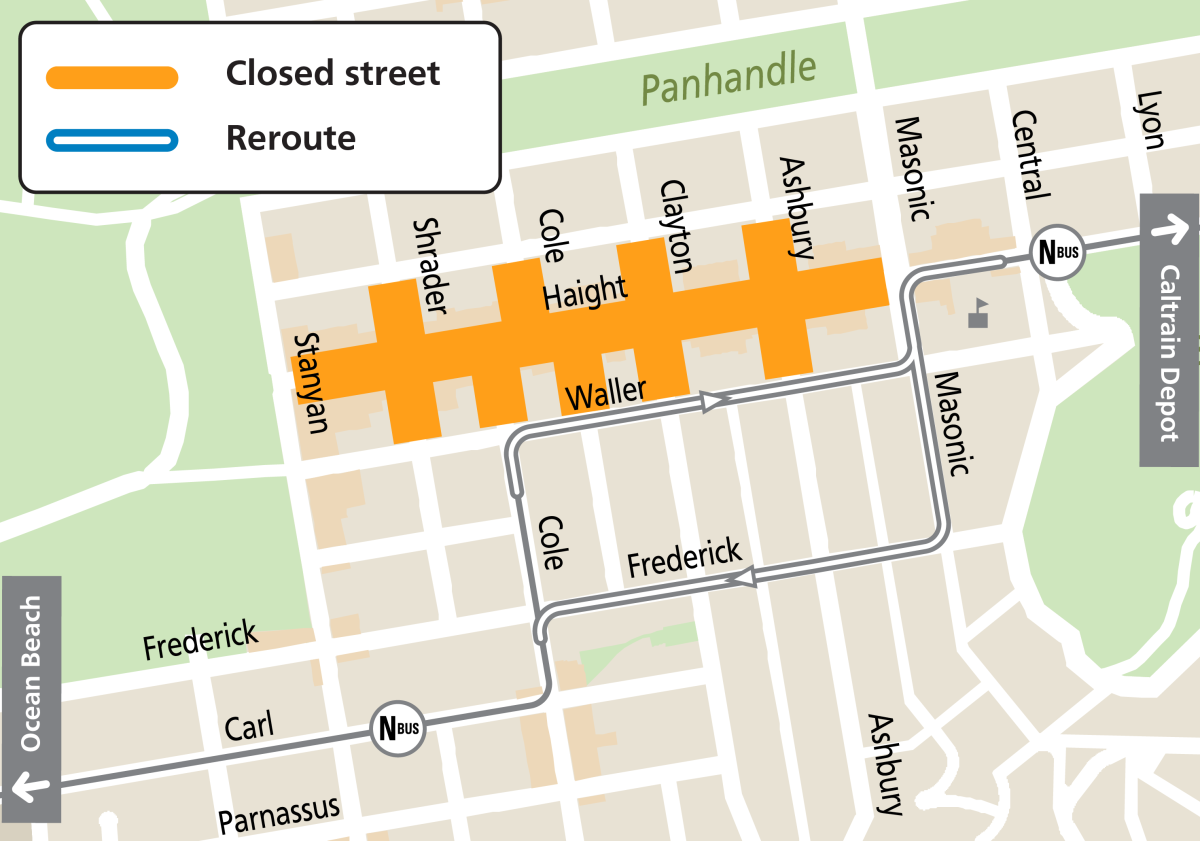 Map showing the N Bus reroutes during Haight Ashbury Street Fair