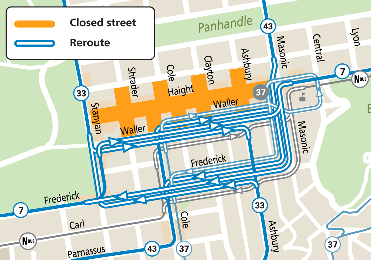 Map showing all Muni reroutes during Haight Ashbury Street Fair